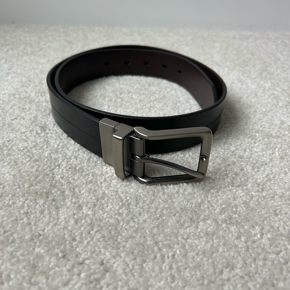 Fossil reversible leather men belt brown/ black silver buckle